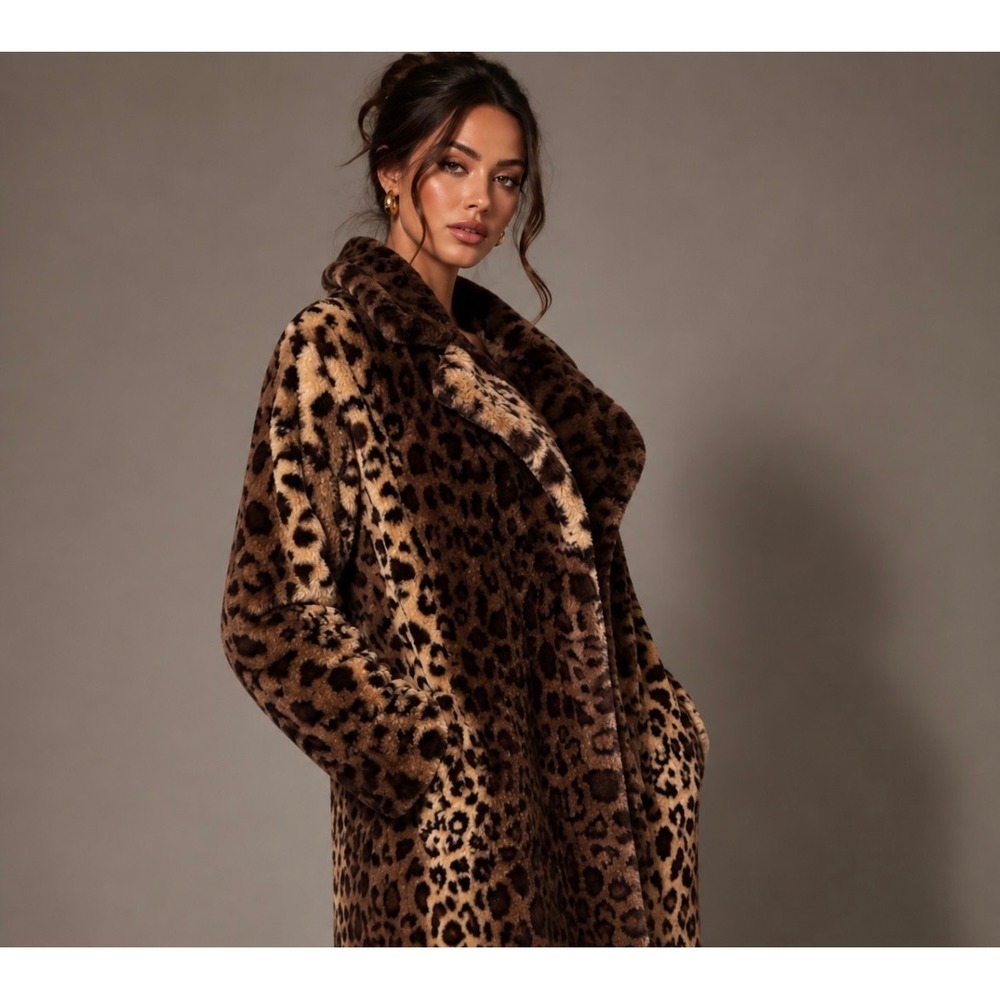 Cavalini Leopard Print Faux Fur Coat Brown Black Midi 2X Mob Wife Glam Winter